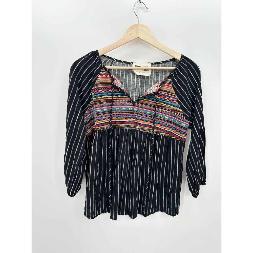 Savanna Jane Black Striped Geo-Inspired Embroidery Top Boho Women Size Small‎